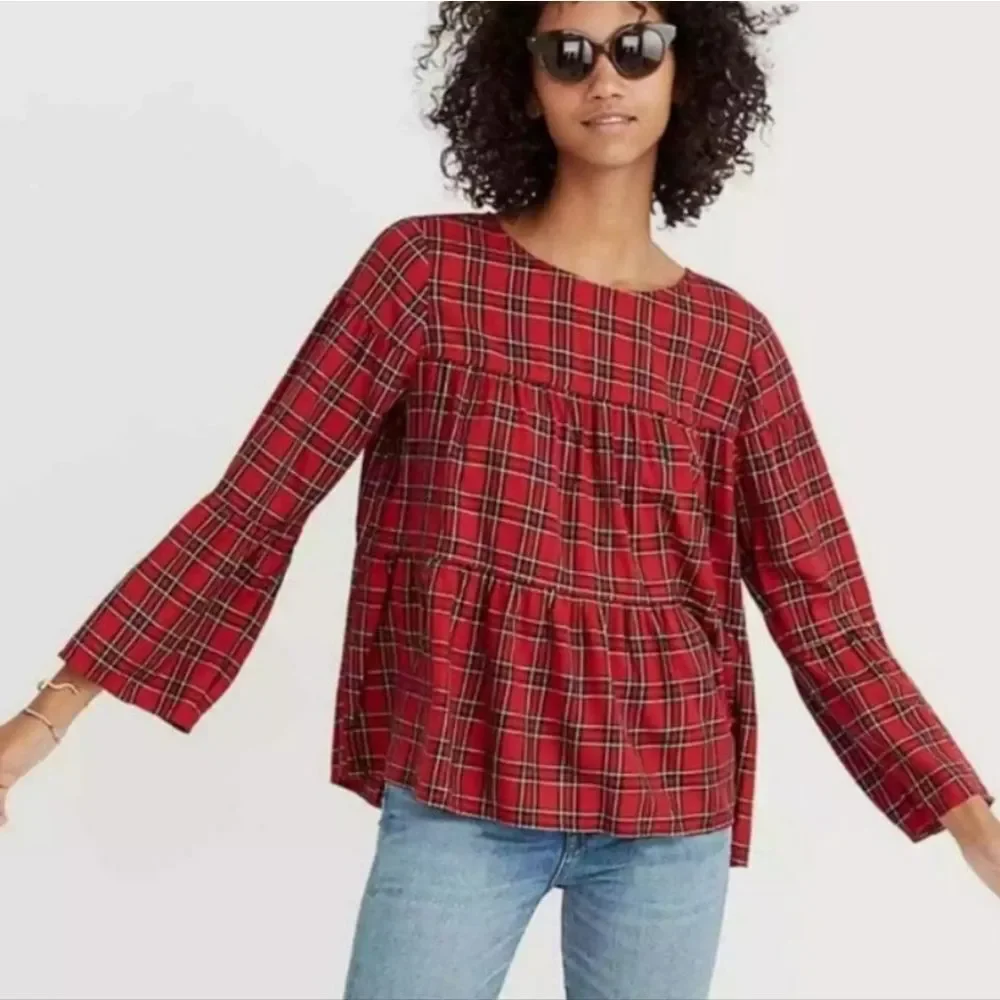 Madewell Red Plaid Tiered Button Back Swing Top Size Small